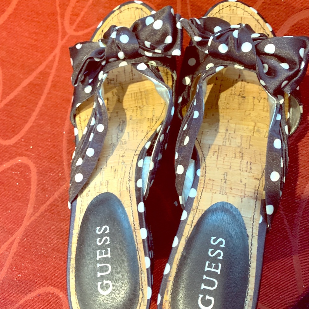 Never worn Guess black&white polka dot cork wedges